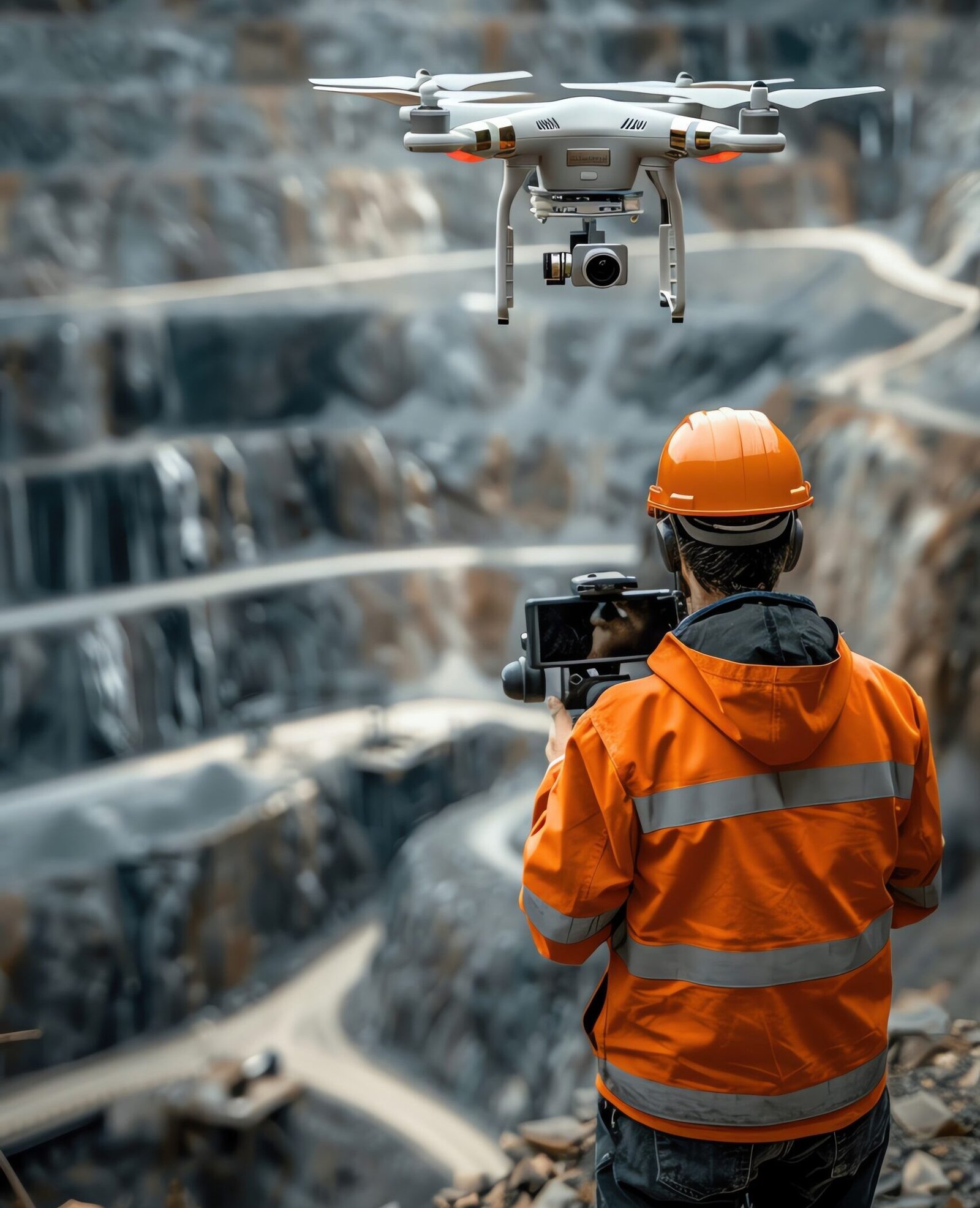 Worker in a quarry operating a drone, expansive view of the mining site